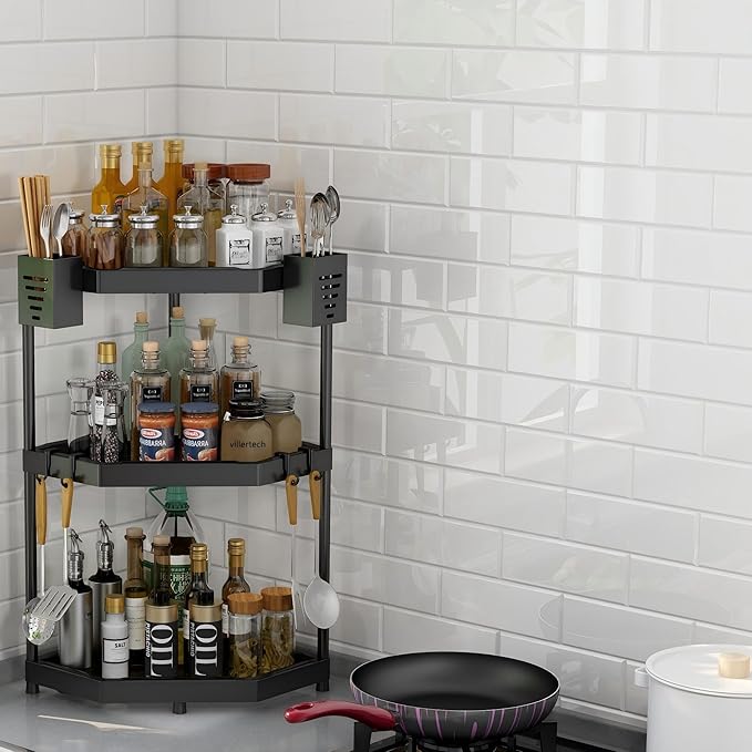 Kitchen Corner Shelf Countertop 3 Tier Bathroom Counter Organizer Cabinet Corner Storage Shelf Spice Rack Makeup Organizer Under Sink Black 2pack
