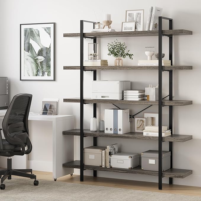 Bookshelf Set, Heavy Duty 5-Tier Industrial Bookcase, 47" Wide Wood Bookshelf for Home Office, 120lbs Shelf Capacity, Rustic Open Display with Horizontal Shelf for Living Room Bedroom, Grey