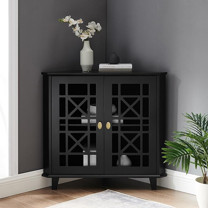 Walker Edison Fretwork Corner Accent Cabinet - Black