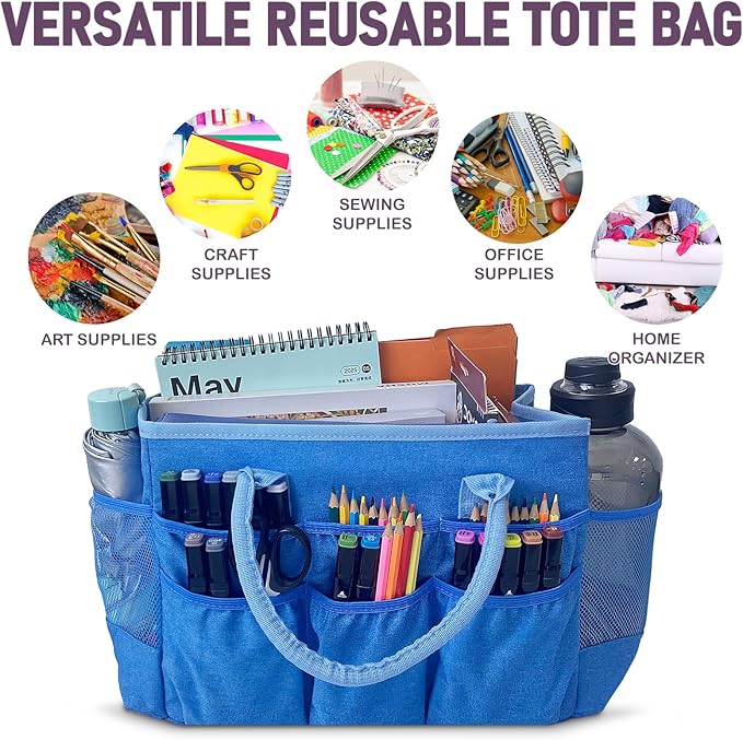 Cupohus Water-Resistant Art Organizer Tote Bag - Craft Storage Bag with Multiple Pockets and Handles for Artists, Kids, Students, and More – Blue