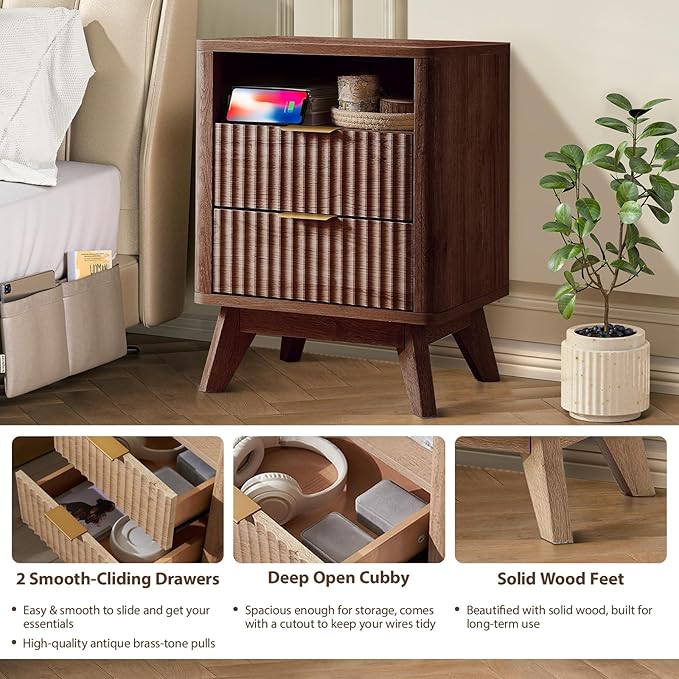 Fluted Nightstand - 24" Modern Bedside Table w/ 2 Drawers, Wood Bed Side End Table with Open Shelf, Night Stand with Storage Drawer, Curved Design Night Stands for Bedroom Living Room (Walnut)