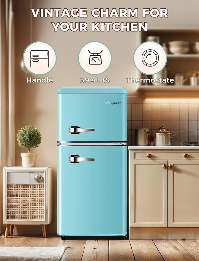 3.2 Cu.Ft Refrigerator, Retro Double Door Fridge with Freezer, 7 Adjustable Temperature Settings, Removable Glass Shelves for Dorm, Office, Bedroom, Apartment, Blue
