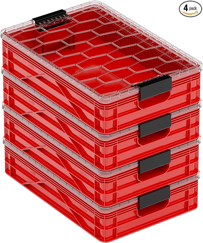 SIDIO Quarter Crate 4 Pack of Stackable Storage Bins - Organizer Bins with Dividers for Garage Organization, Home Storage - Heavy Duty Plastic Containers - 19.16” x 12.75”x 4.57” (Red)