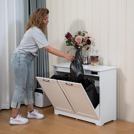 JAXPETY Double Tilt Out Trash Cabinet, Kitchen Hidden Garbage Can with Negative Ion & Deodorizing Function,Free Standing Recycling,Dog Proof 10 Gallon Trash Bin Cabinet for Bathroom, Living Room