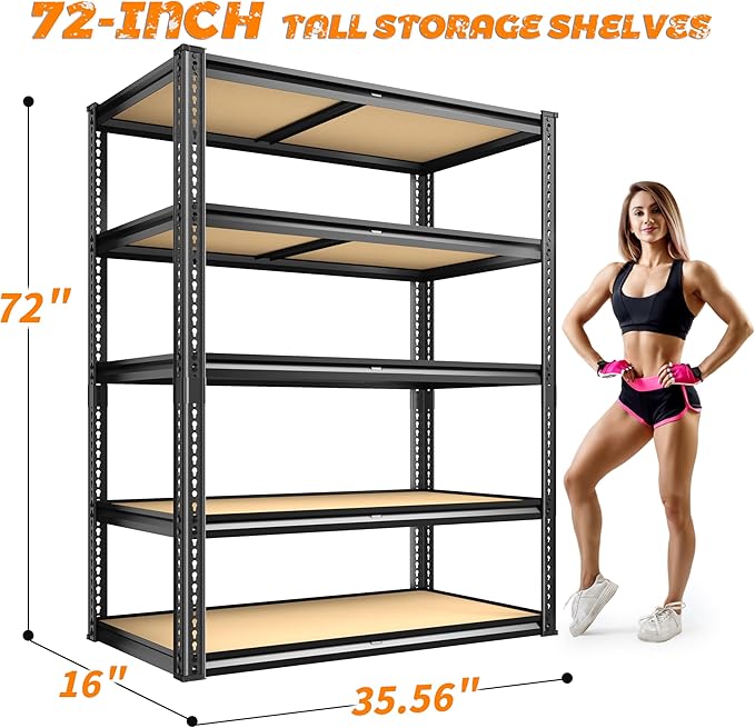 2050LBS Storage Shelves Heavy Duty 5 Tier Garage Storage Shelving, Adjustable Metal Shelving Unit Utility Rack Shelf for Warehouse, Pantry, Closet, 72" H x 35.56" W x 16" D, Black.2PCS