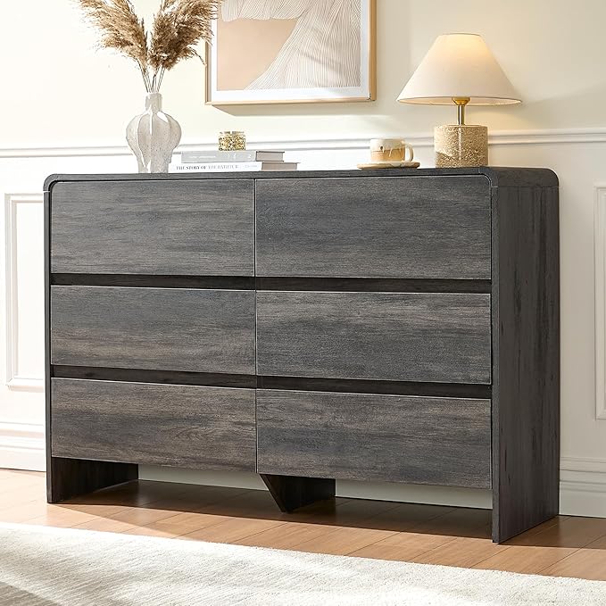 AMERLIFE 6 Drawer Dresser for Bedroom, 49" Long Modern Chest of Storage Drawers with Rounded Corners, Anti-Tip Kit, Wood Cabinet Organizer for Closet, Apartment, Nursery, Easy Assembly, Black