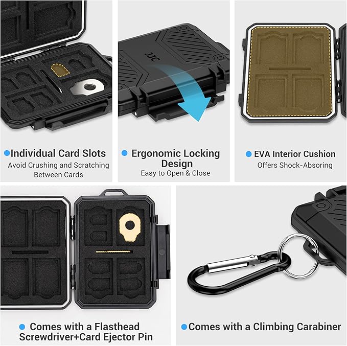Small 18 Slots Memory Card Case for 8 SD 4 CFA 4 TF and 2 Nano SIM Cards, IP67 Waterproof Anti-Shock Anti-Dust, Compact Size & Portable SD SDHC SDXC CFexpress Type-A Card Holder Organizer Storage Box
