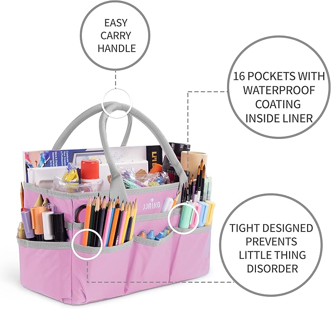 JJRING Craft and Art Tote - 600D Pink Nylon Fabric Art Sewing Organizer Bag with Pockets - for Craft, Scrapbooking, Medical, and Office Supplies Storage