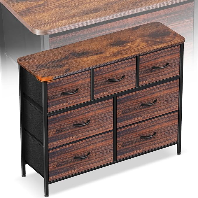 Curved Profile Dresser for Bedroom, Chest of Drawers, 7 Storage Drawers Organizer Unit, Brown Dresser with Fabric Bins for Closet, Living Room, Kid Room (Rustic Brown)