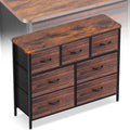 Curved Profile Dresser for Bedroom, Chest of Drawers, 7 Storage Drawers Organizer Unit, Brown Dresser with Fabric Bins for Closet, Living Room, Kid Room (Rustic Brown)