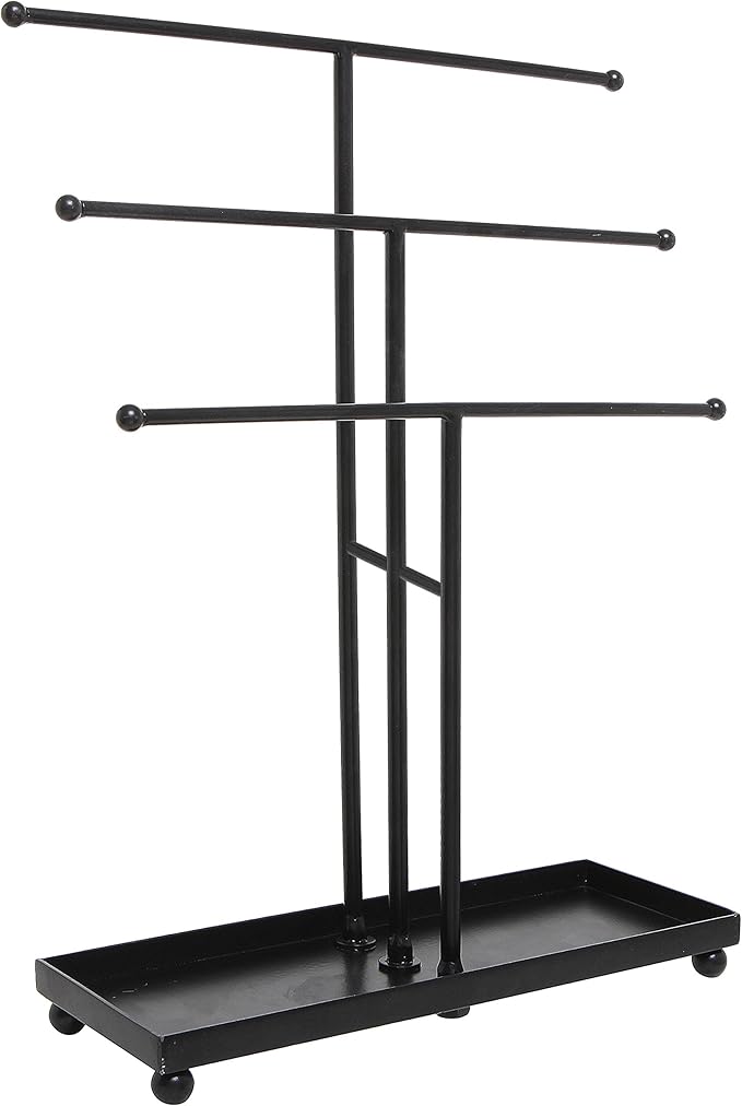 MyGift Modern Jewelry Organizer, 3 Tier Black Metal Tabletop Bracelet and Necklace Jewelry Storage Display Tree Rack with Base Ring Tray