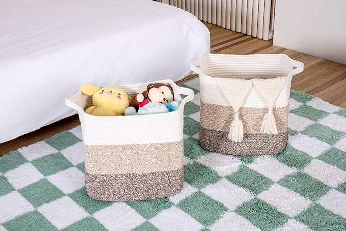 Storage Baskets for Clothes Fabric Cotton Rope Storage Basket with Handles, Decorative Woven Basket for Living Room,Closet Organizer Blankets, and 2bags (Gradient Brown, L14×W11×H14)