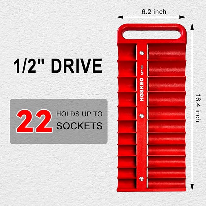 Magnetic Socket Holder Set with Handle, Portable Socket Organizer, Heavy Duty Socket Racks 1/2" Drive Holders Hold 22 standard Sockets for Tool Box (Red, 1/2" Drive)
