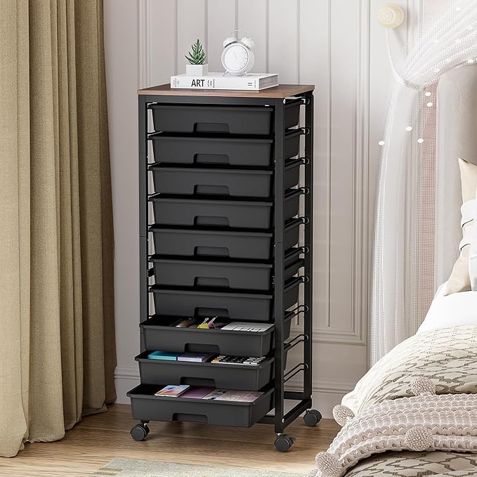 Rolling Cart with Drawers,10 Drawer Rolling Cart,Storage Cart,Utility Cart,Teacher Cart for Classroom Storage,Craft Cart with Wheels and Wooden Tabletop,Black