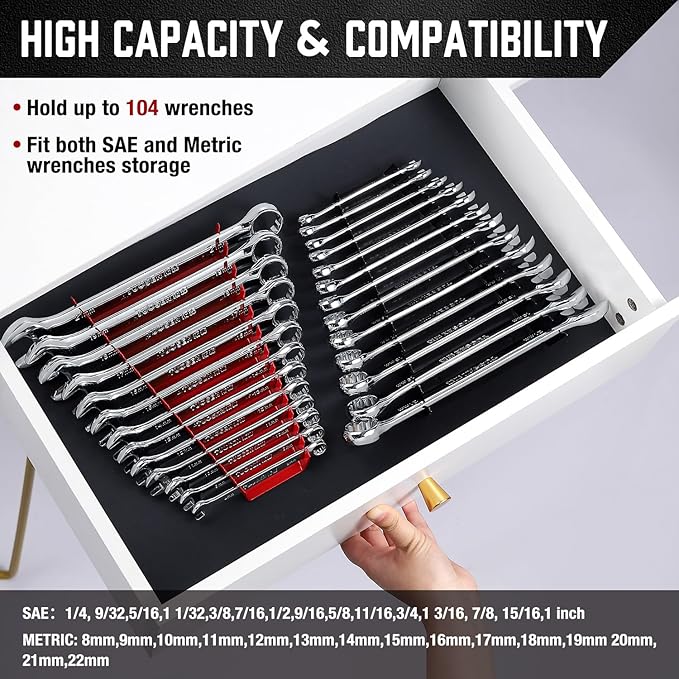 ALOANES 104-Slot Metal Wrench Organizer, Heavy Duty Wrench Organizer Tray for Tool Box, Professional Fit SAE & Metric Wrench Storage, 8 Pack Wrench Holders(Red&Black)