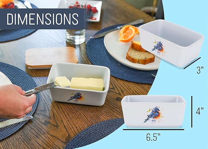Nat & Jules Dean Crouser Ceramic Stoneware 1/2 Pound, 2 Sticks Butter Dish Airtight Bamboo Lid, Kitchen Accessory, Container Holder, Refrigerator Storage, Countertop Organization, Watercolor Bluebird