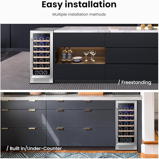 Yeego Wine Fridge Cooler - 15 Inch Wine Fridge Hold 33 Bottles, 40-65°F Wine Refrigerator Glass Door, Built in, Freestanding Under Counter Fridge for Beer Soda Drink Home Bar Office