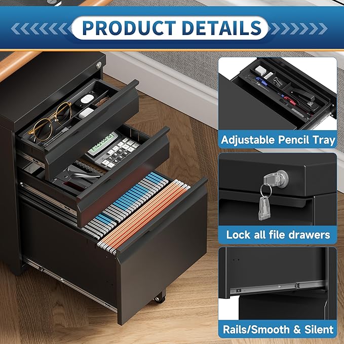3 Drawer File Cabinet with Lock and Wheels,Rolling File Cabinets with Lock,Vertical Metal Filing Cabinet for Legal/Letter/A4 File-Black/Assembly Required