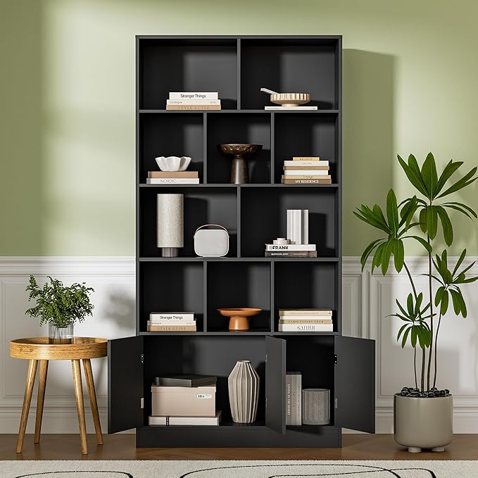 71" Tall Bookshelf with 10 Cubes and 3 Doors, 4-Tier Bookshelf, Open Shelf Bookcase with Cabinet, Modern Cube Storage Organizer for Living Room, and Office, Black