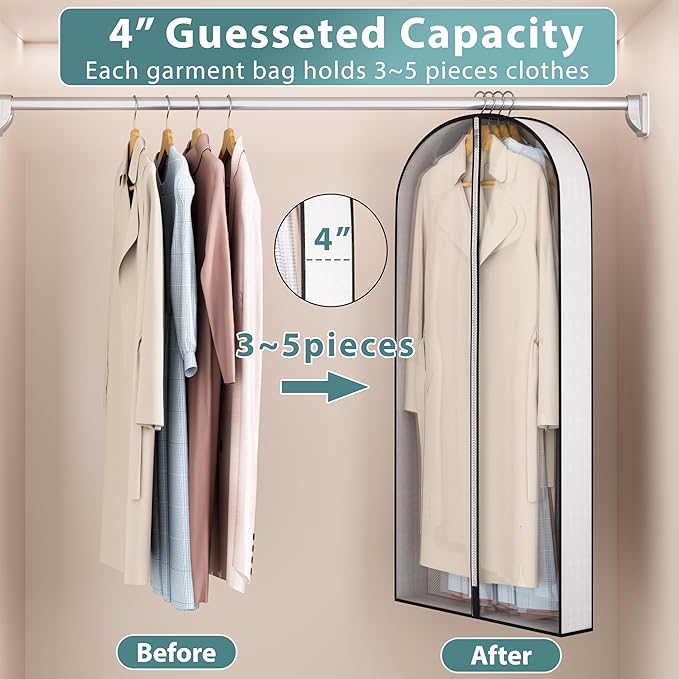 50” Garment Bags for Hanging Clothes 4” Gusseted - with Clear Window, Breathable Fabric, Metal Zipper, Suit Coat Long Dress Protector for Clothes Closet storage, Season Off, Moving, 3 Pack