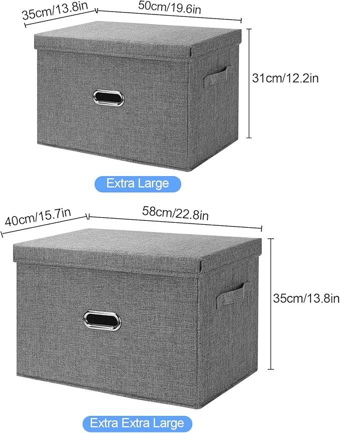 Large Linen Fabric Foldable Storage Bins with Removable Lid and Handles, Washable Storage Box Organizer Containers Baskets Cube with Cover for Bedroom,Office(Black, XXL(2-Pack))
