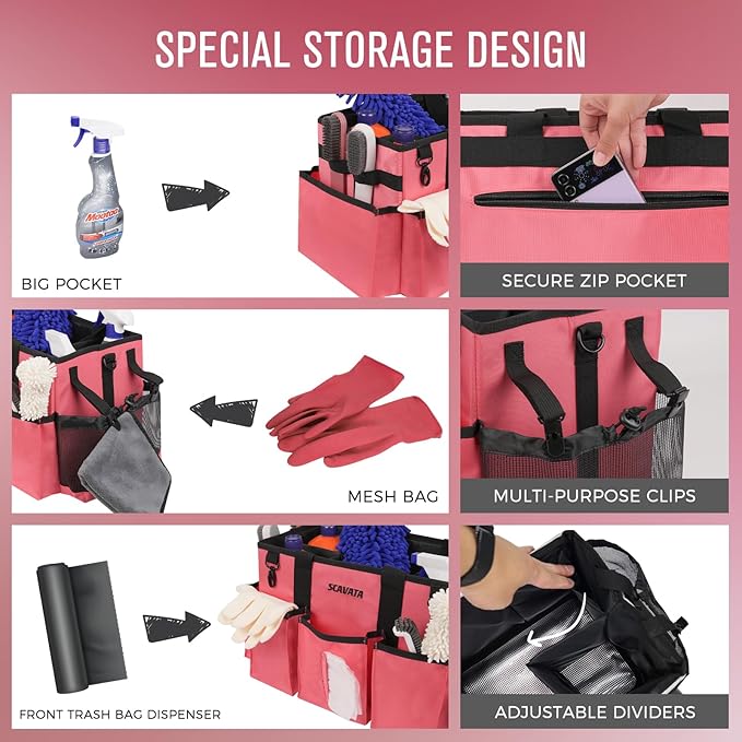 Wearable Cleaning Caddy Bag, Cleaning Caddy Supplies Organizer with Handle & Shoulder Straps for Housekeepers, Under Sink & Car Cleaning Tool Organizers with 4 Foldable Divider (RoseRed)