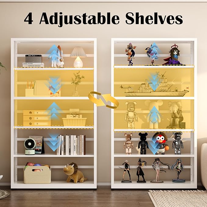 5 Tier Bookcase,Industrial Bookshelf,55" White Metal Tall Bookshelf with Adjustable Feet and Adjustable Shelves,Home Office Bookcase Shelf Storage Organizer for Living Room、Kitchen