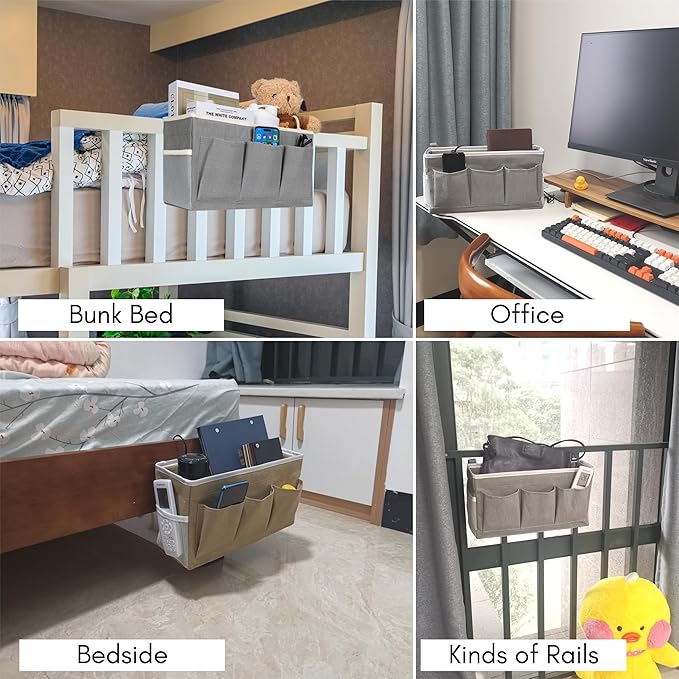 2pcs Bedside Caddy Storage Organizer, Hanging Bag Holder with Pockets for Bedroom, Loft Bed Tent, Bed Curtain, Top Bunk bed Shelf Accessories (Khaki)