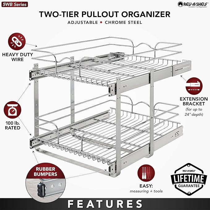 Rev-A-Shelf 2-Tier Kitchen Cabinet Pullout Shelf and Drawer Organizer Slide Out Pantry Storage Basket in Multiple Sizes, 18 x 22 In, 5WB2-1822CR-1