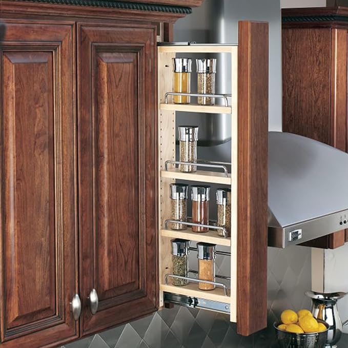 Rev-A-Shelf Kitchen Cabinet Pullout Wall Filler Wooden Organizer Slide Out Pantry Storage w/Soft-Close in Multiple Sizes, 6 x 33 in, 432-WFBBSC33-6C