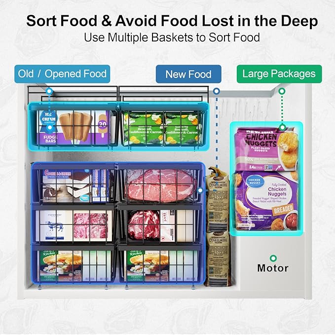 iSPECLE Chest Freezer Organizer Bins - Fit 10 to 20 Cu.FT Deep Freezer, 6 Pack Large Expandable Stackable Bins Sort Frozen Food Easy to Get Food from Bottom without Digging, Better Ventilation, Black