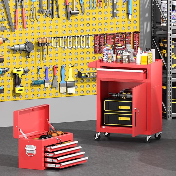 Greenvelly Tool Chest, 5-Drawer Rolling Tool Chest with Hooks and Lockable Wheels,Metal Storage Detachable Top Tool Box with Lockable Wheels for Garage,Workshop,Art Studio(Red)
