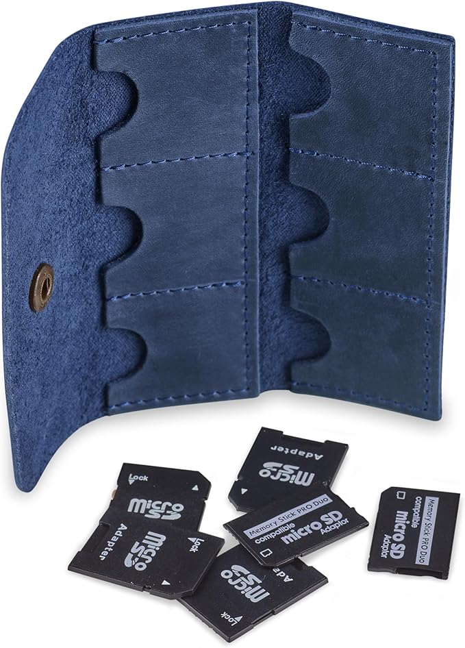 Leather SD Card Holder, SD Card Case, Micro SD Card Holder Organizer, SD Card Storage Case, Memory Card Case Cover, Travel Memory Card Case (Blue)