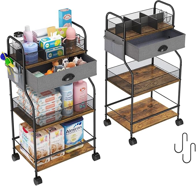 3-Tier Baby Diaper Caddy Cart Organizer with Drawer,Rolling Utility Cart & Bedside Nursery Essentials Cart for Newborn Baby Stuff, 2+1 Dividers, Baby Storage Organizer for Bedroom,Changing Table,Grib