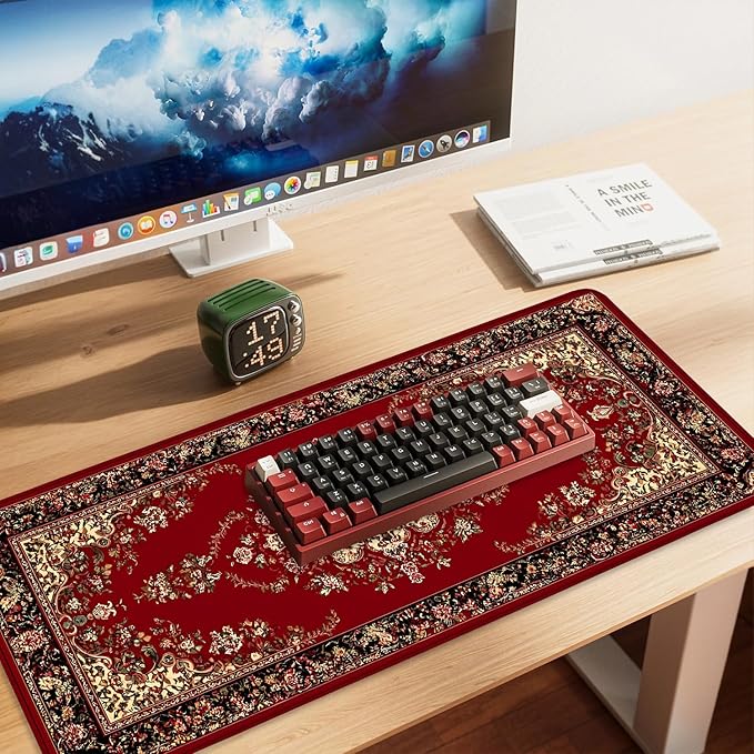 Red Vintage Persian Rug Mouse Pad – Large Extended Desk Mat 35.43 x 15.75 in – Oriental Carpet Design, Non-Slip Rubber Base, Waterproof Surface, Keyboard & Mouse Pad for Office, Gaming, Home