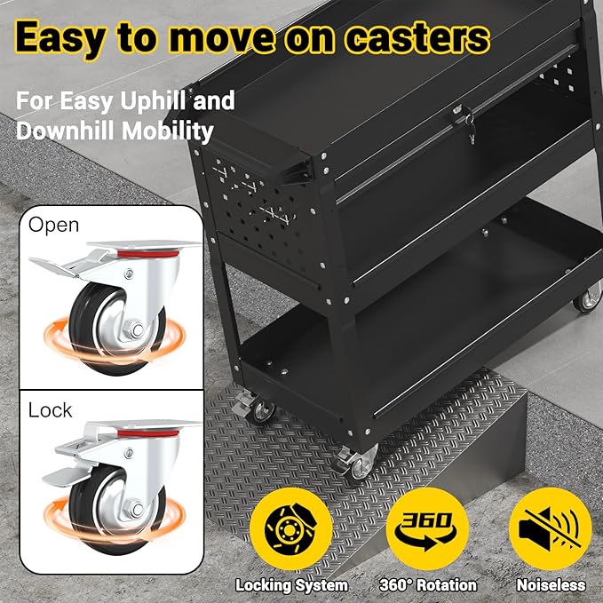 3 Tier Rolling Tool Cart on Wheels, 550 LBS Tool Cart with Drawers，Heavy Duty Utility Cart with Pegboard and Hooks，Mechanic Tool Storage Cart for Garage, Warehouse and Repair Shop(Black)