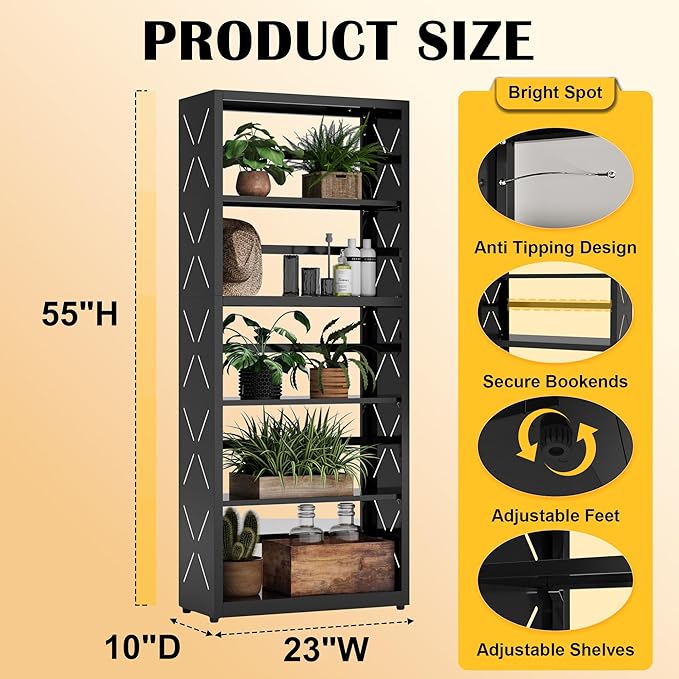 Industrial Bookshelf,5 Tier Bookcase,55" Black Metal Tall Bookshelf with Adjustable Feet and Adjustable Shelves,Home Office Bookcase Shelf Storage Organizer for Living Room、Kitchen
