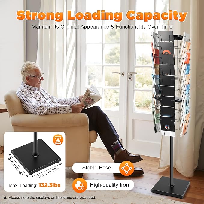 36-Pocket Rotating Magazine Rack, 360° Floor Brochure Display Stand with 132lbs Capacity, Black Modern Spinner Organizer for Retail, Office, Exhibition, Home