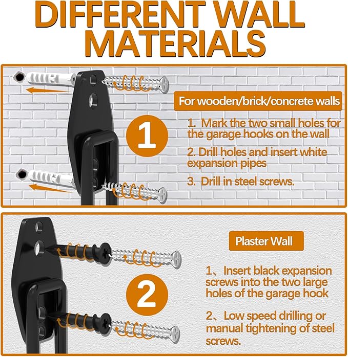 3-H Garage Wall Hooks 42 Pack, Heavy Duty Garage Hooks with Extra Welding Spots, Wall Mount Storage Organizer for Hanging Garden Lawn Tools, Ladder, Bike, WeedEater, Chair, Shovel, Blower (Orange)