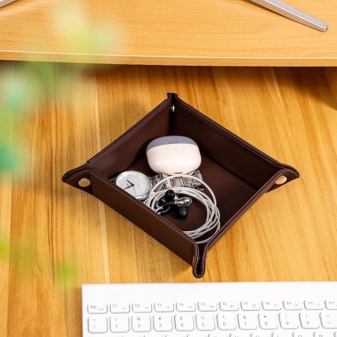 PU Leather Valet Tray for Mens and Women Catchall Tray for Keys,Watch,Jewelry Small Nightstand Bedside and Entry Table Tray Gift for Dad Husband (Brown)
