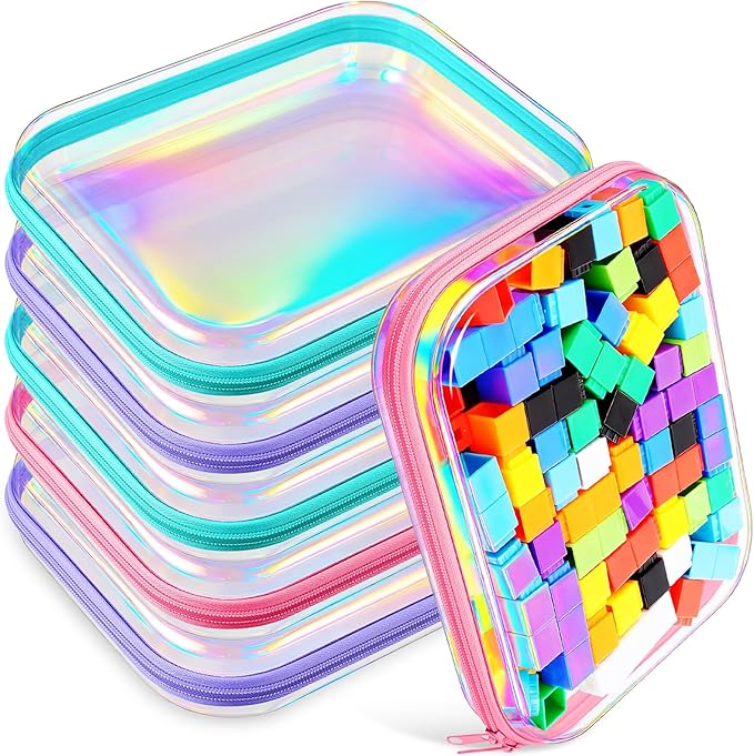 Sanwuta 6 Pcs Clear Hard Zipper Case Hard Plastic Zipper Pouches Transparent Makeup Bag Pencil Pouches for Travel Snacks Christmas Trinket Storage Organizer Box(Holographic,9.84 x 7.87 x 2 Inch)