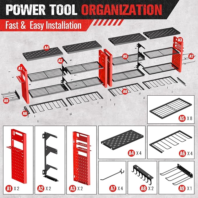 66" W Super Large Power Tool Organizer Wall Mount,Heavy Duty Cordless Tool Organizer with 18 Drill Holder,600 Lbs Capacity 4-Layer Garage Organization for Garage and Workshop (Red)