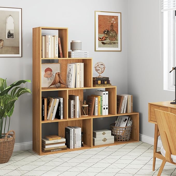 Tangkula 4-Tier Stepped Bookshelf, Freestanding 6 Cubes Ladder Bookcase with Anti-Tipping Kits, 64" Tall Modern Wooden Storage Display Rack for Home Office Living Room Study (2, Natural)