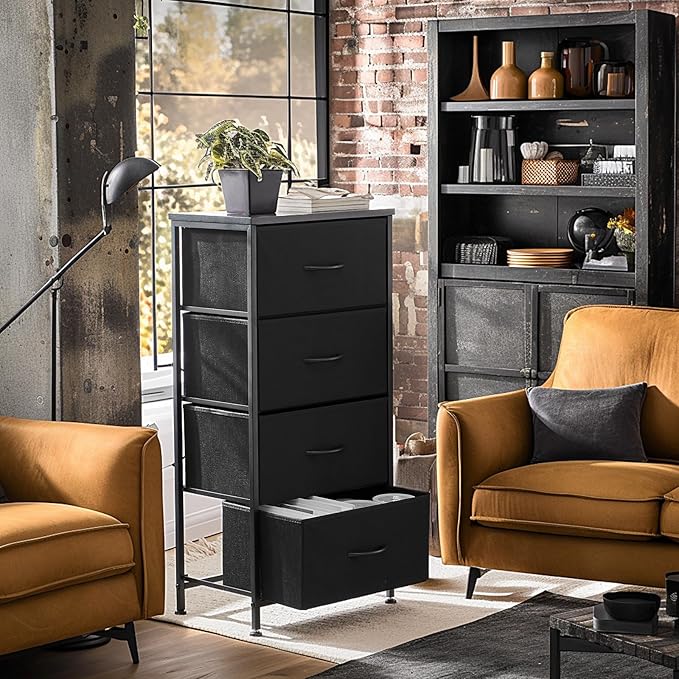 Sweetcrispy Nightstand Small Bedroom Dresser with 4 Fabric Drawers, Bed Side Furniture End Table, Wooden Top Cabinet Night Stand Dresser for Closet, Entryway, Dorm, Black