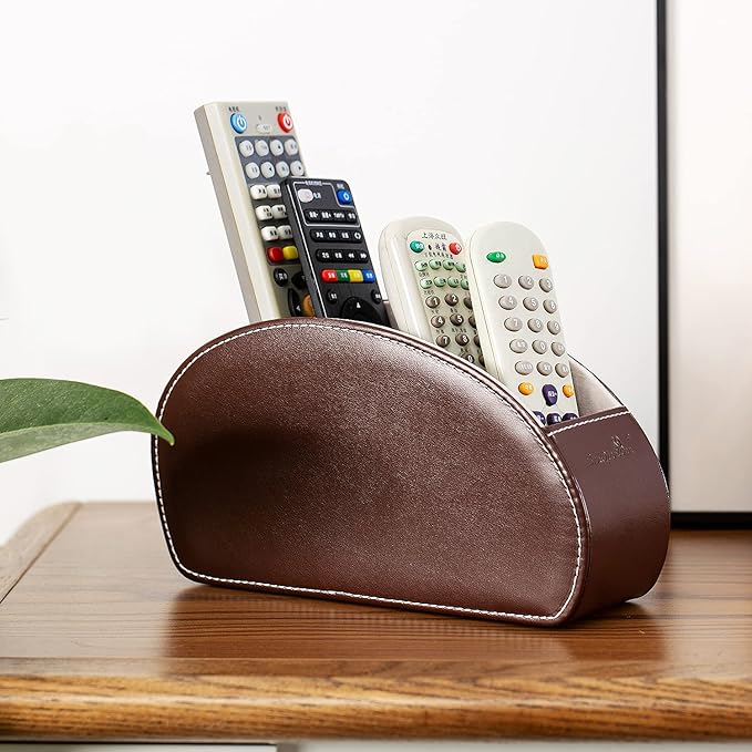 Remote Control Holder , PU Leather Organizer Box with 5 Compartments for Table Bed Office ,Remote Caddy Desktop Storage Home Accessories for Controllers , Media Player ,Make up Brush ,Pen (Brown-A)