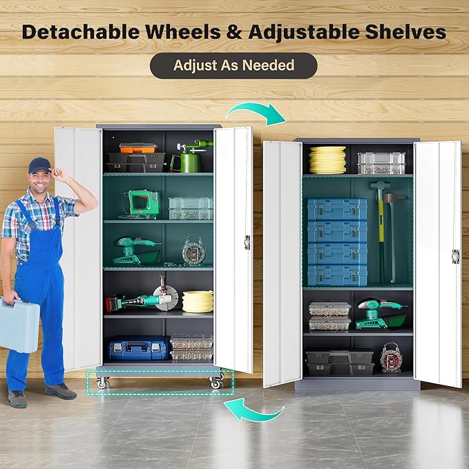 75" Tall Metal Storage Cabinet with Wheels,Rolling Garage Storage Cabinet with Lock,Gray White Metal Cabinets with Wheels and Shelves,Locking Tool Cabinets on Wheel for Garage,Home,Office,Shop