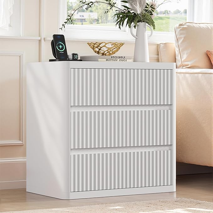 White Nightstand Set of 2, 3 Drawers Night Stand Set, Mid Century Modern Bed Side Table, Large Fluted End Table for Bedroom Living Room Sofa Couch Home Office, Bedside Table with Storage, 24.8” Wide