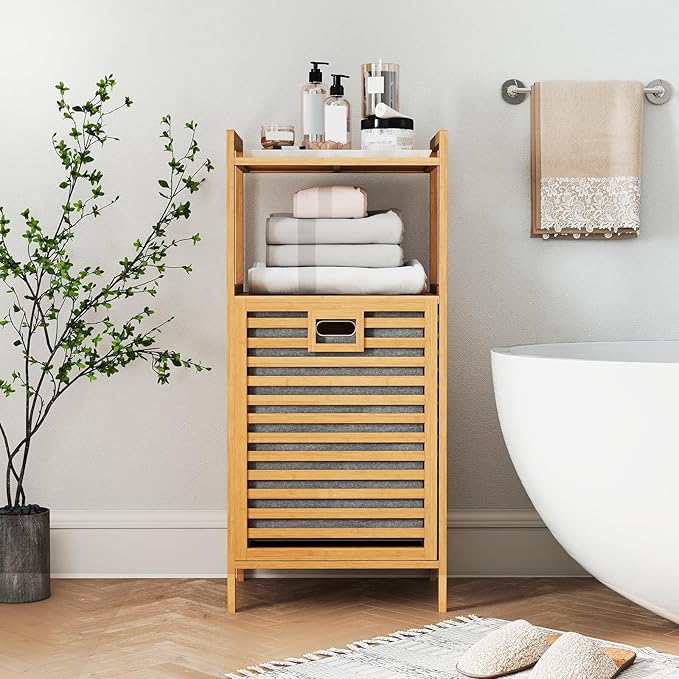 GOFLAME Tilt-out Laundry Hamper with 2-Tier Shelves, Bamboo Laundry Baskets Organizer with Removable & Foldable Fabric Liner, Bathroom Storage Shelf Cabinet for Laundry Room, Bedroom