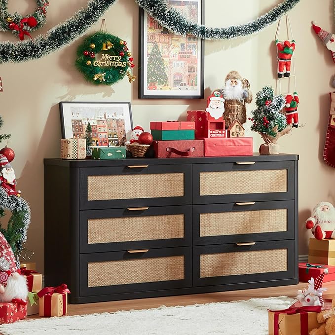 LEYAOYAO Rattan 6 Drawer Dresser for Bedroom, Boho 54" Wide Black Dresser Chest of Drawers, Dressers TV Stand with Metal Handle, Storage Dressers Closet Organizer for Living Room, Hallway