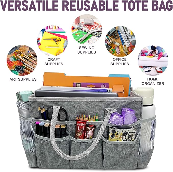 Cupohus Water-Resistant Art Organizer Tote Bag - Craft Storage Bag with Multiple Pockets and Handles for Artists, Kids, Students, and More – Grey